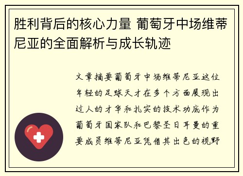 胜利背后的核心力量 葡萄牙中场维蒂尼亚的全面解析与成长轨迹